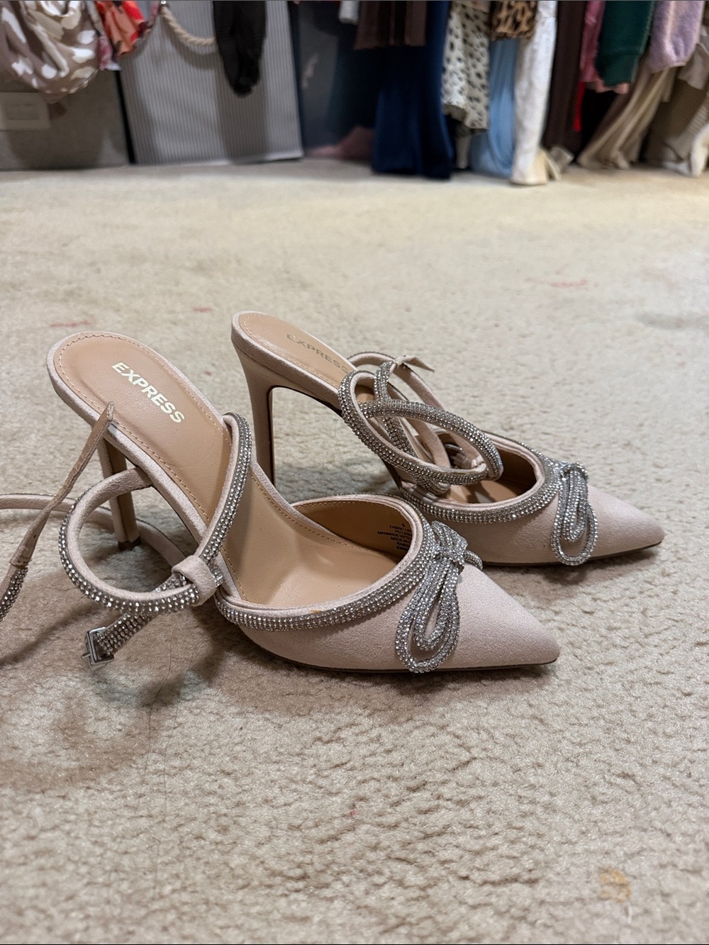 Express Blush Rhinestone Knot Pointed Toe High Heels